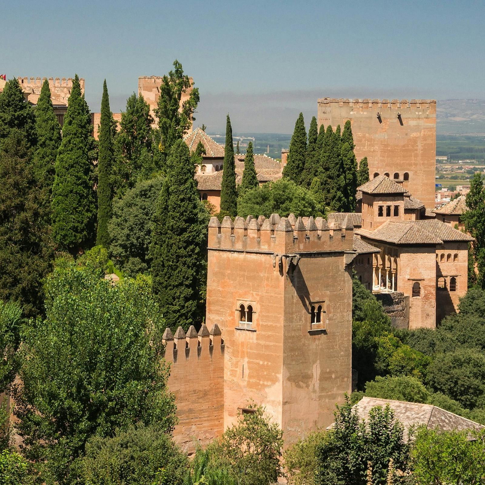 Aerial view of the Alhambra towers and cypresses