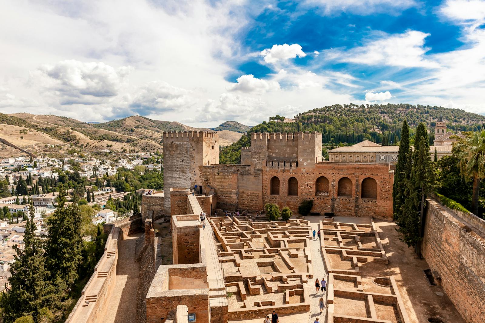 Aerial view of the ruins and towers of the Alhambra