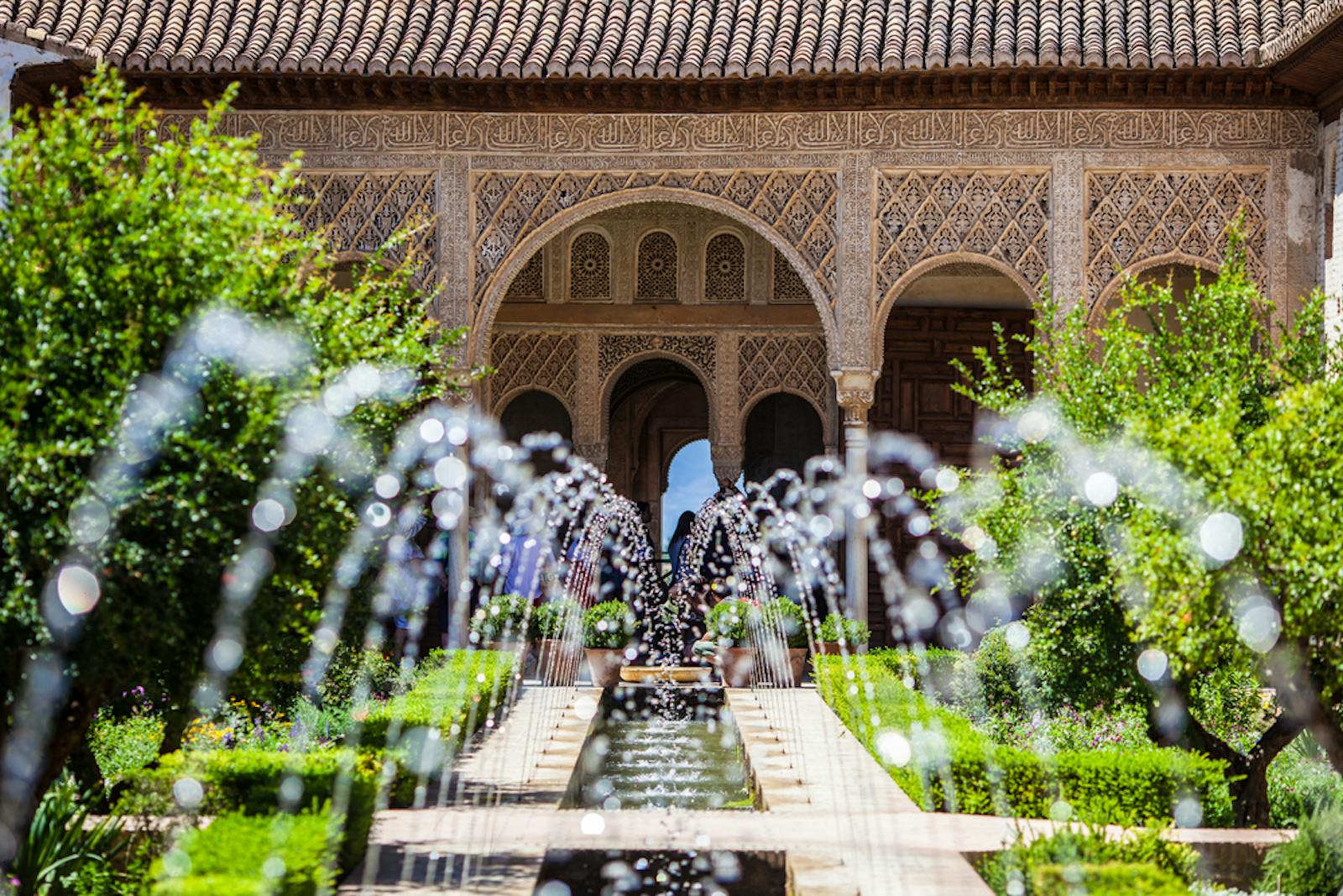 View of the Alhambra through the water jets