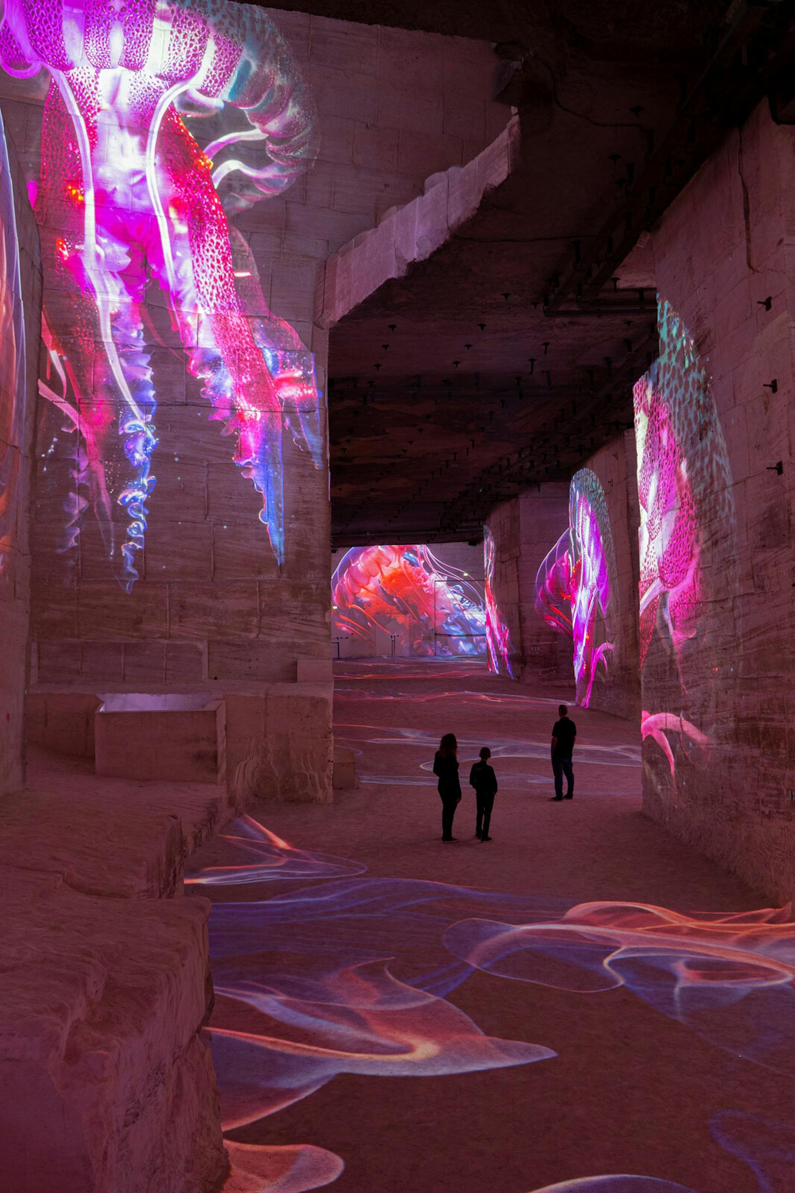 Visitantes maravillados por las proyecciones inmersivas de las Carrières des Lumières