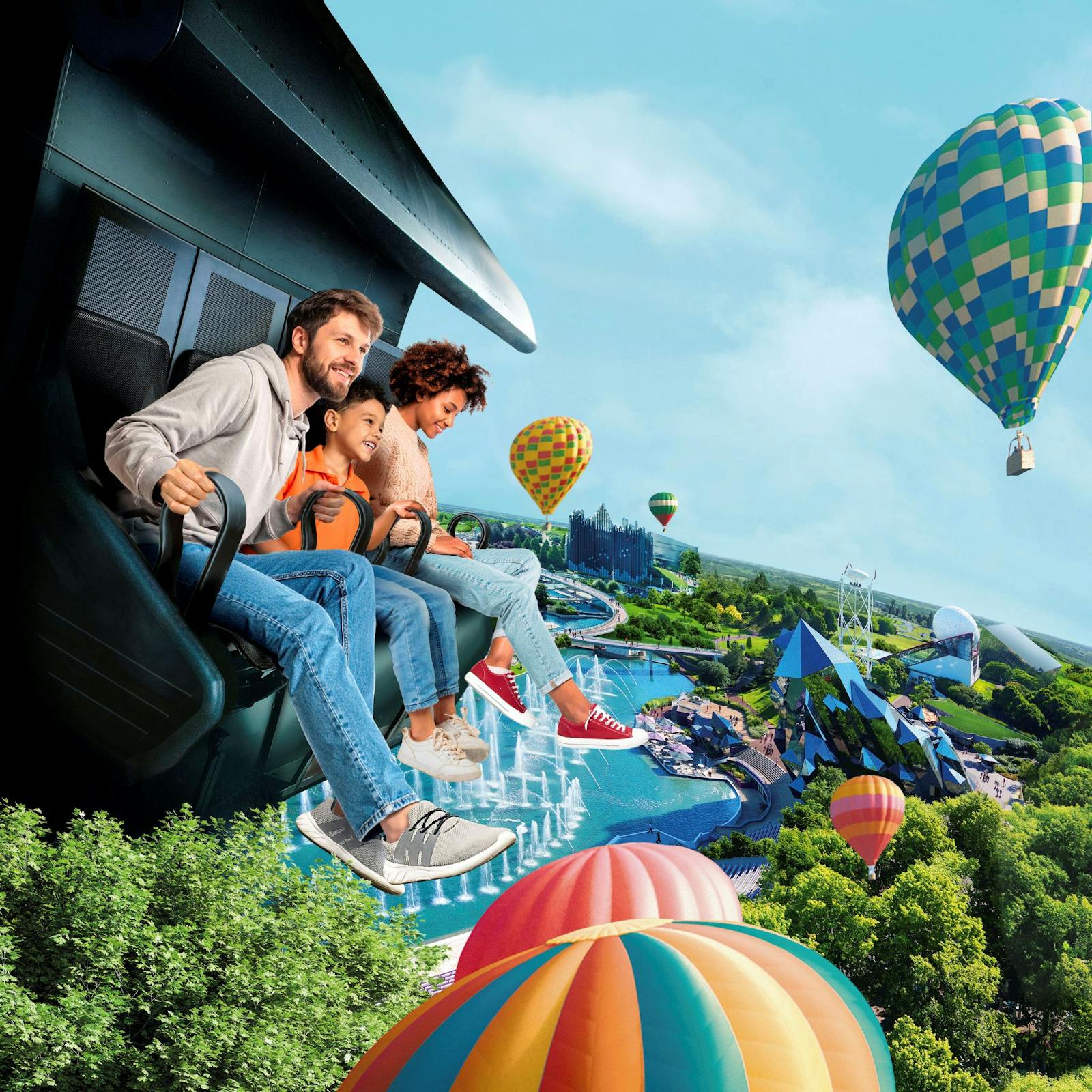 Uśmiechnięta rodzina na atrakcji w Futuroscope