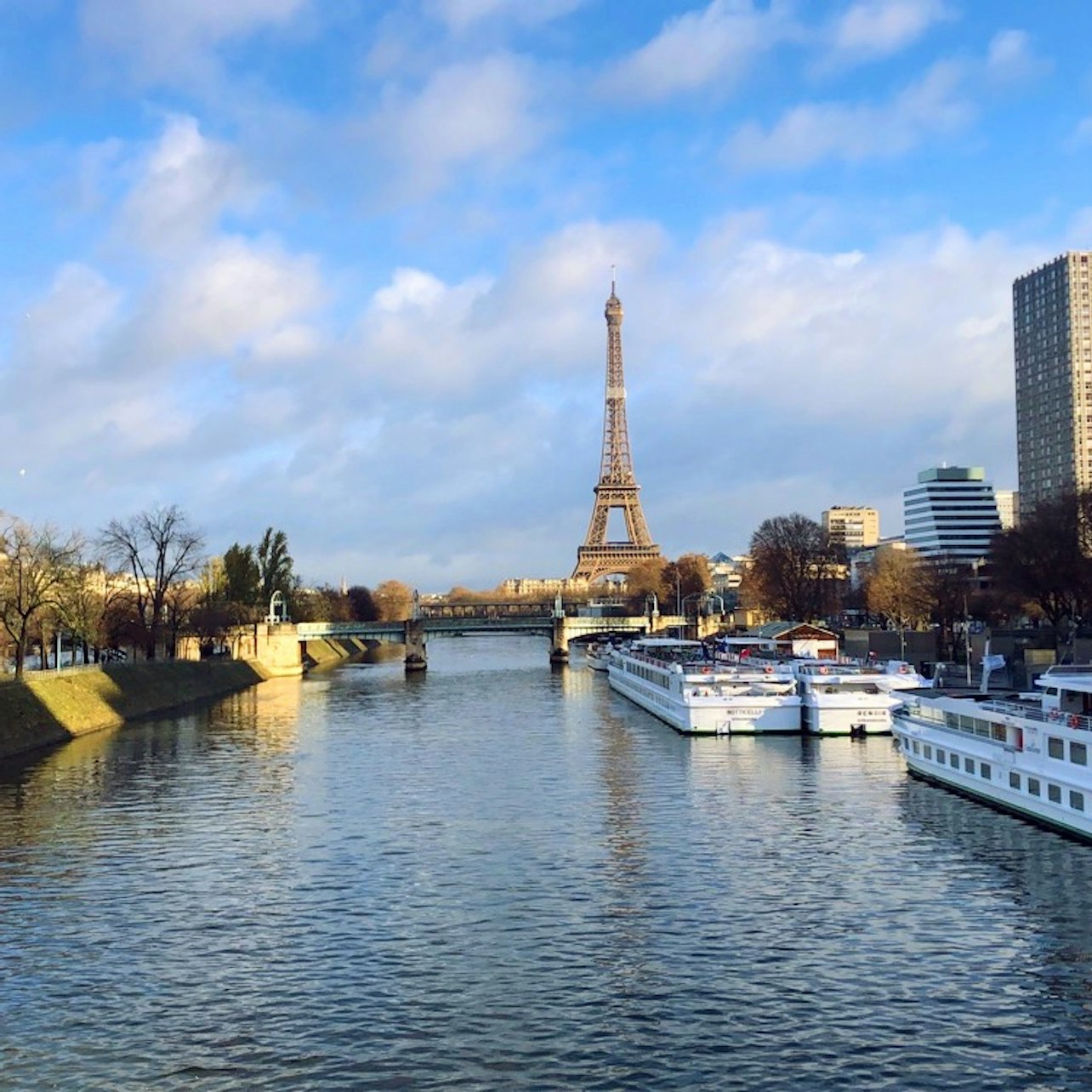 Der Eiffelturm überragt die Seine mit Booten